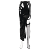 Punk Asymmetric Patent Leather Skirt with Mesh Stockings