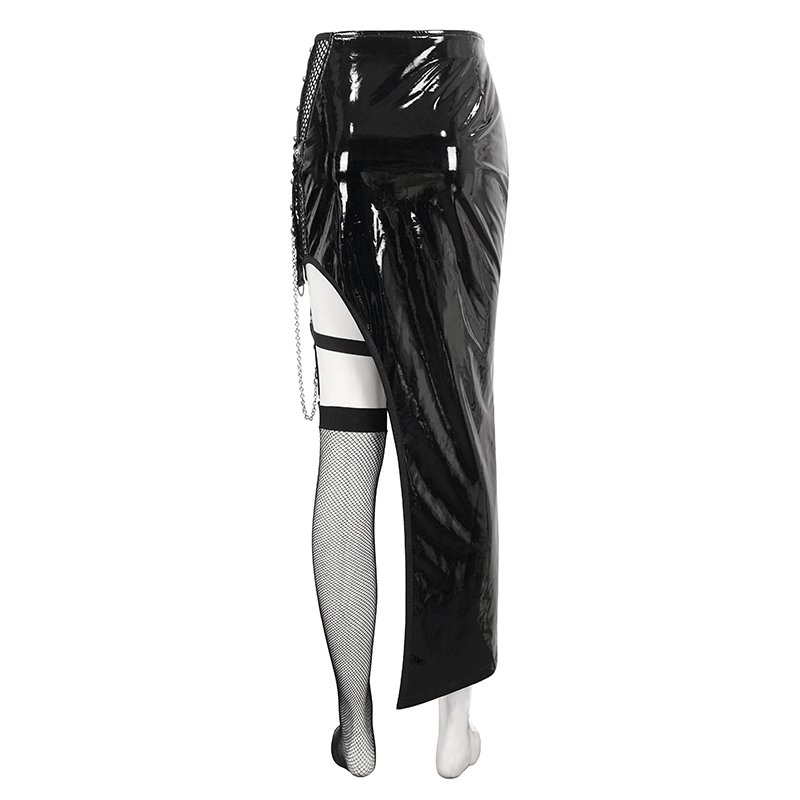 Punk Asymmetric Patent Leather Skirt with Mesh Stockings