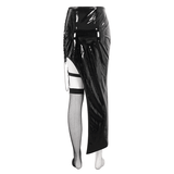 Punk Asymmetric Patent Leather Skirt with Mesh Stockings