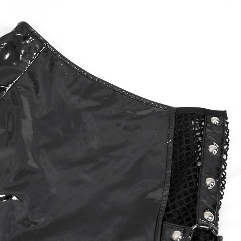 Punk Asymmetric Patent Leather Skirt with Mesh Stockings