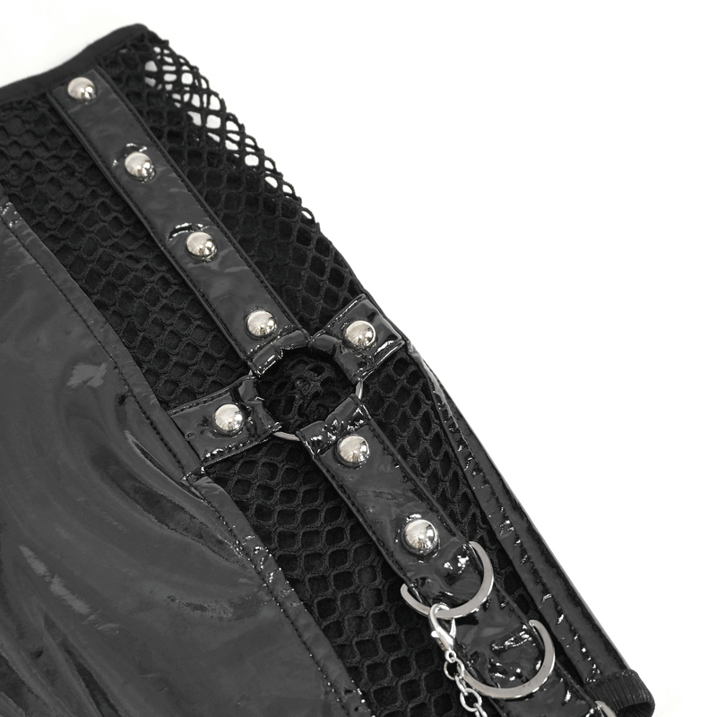 Punk Asymmetric Patent Leather Skirt with Mesh Stockings