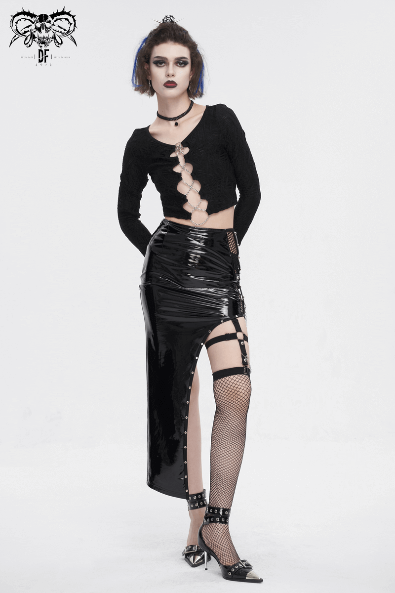 Punk Asymmetric Patent Leather Skirt with Mesh Stockings