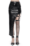 Punk Asymmetric Patent Leather Skirt with Mesh Stockings