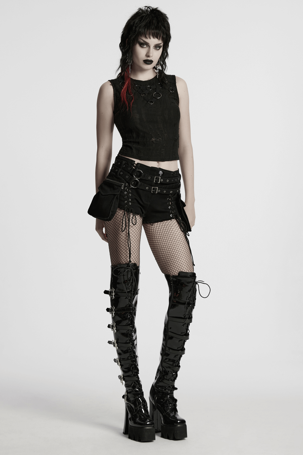 Punk Gothic Lace-Up Shorts with Dual Belt Design