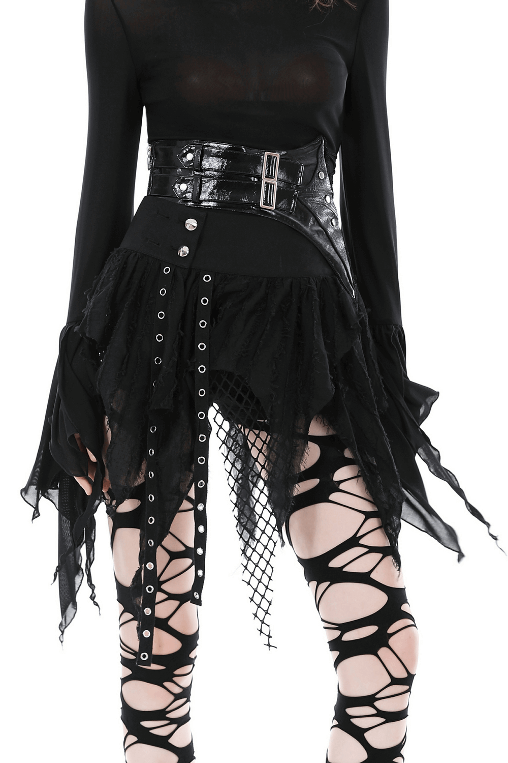 Punk Gothic Mini Skirt featuring Fishnet and Fringe Details