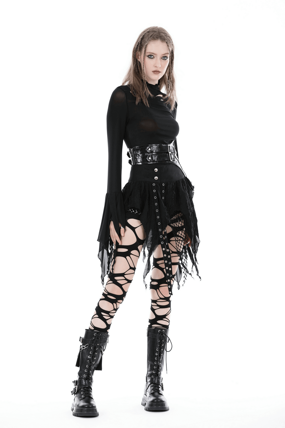 Punk Gothic Mini Skirt featuring Fishnet and Fringe Details