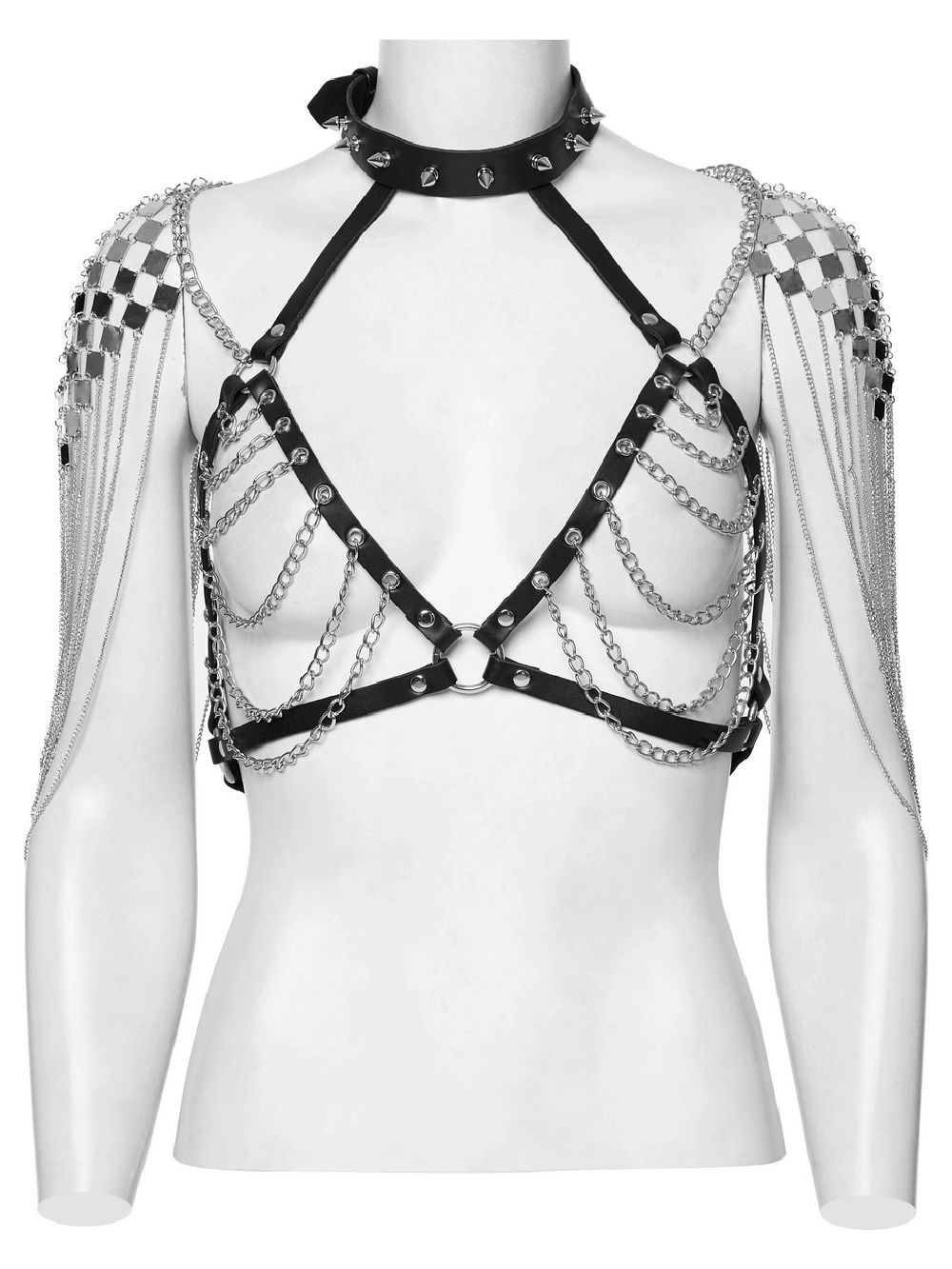 Punk Gothic Sexy Halter Harness with Spikes and Chain Details