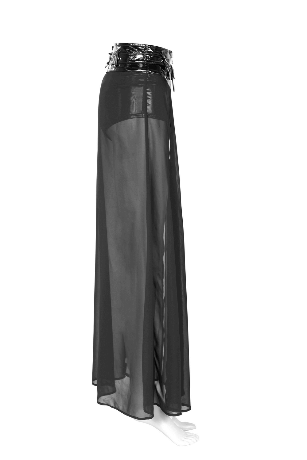 Punk Half Skirt with Adjustable Belt and Chiffon Overlay