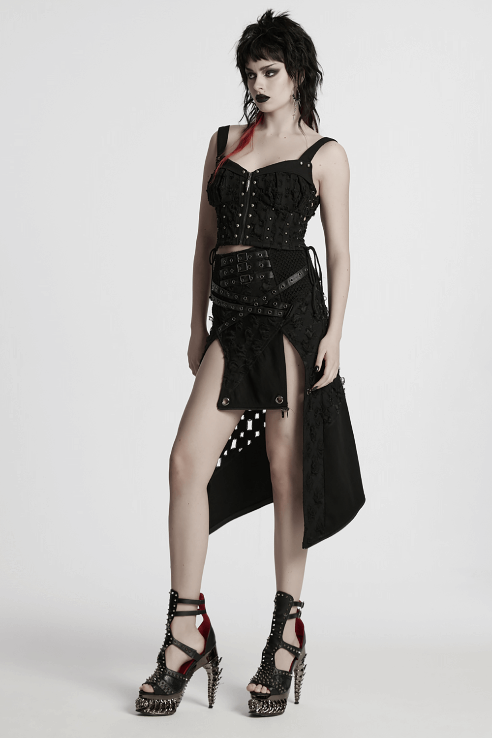 Punk High-Slit Detachable Skirt with Faux Leather Trim