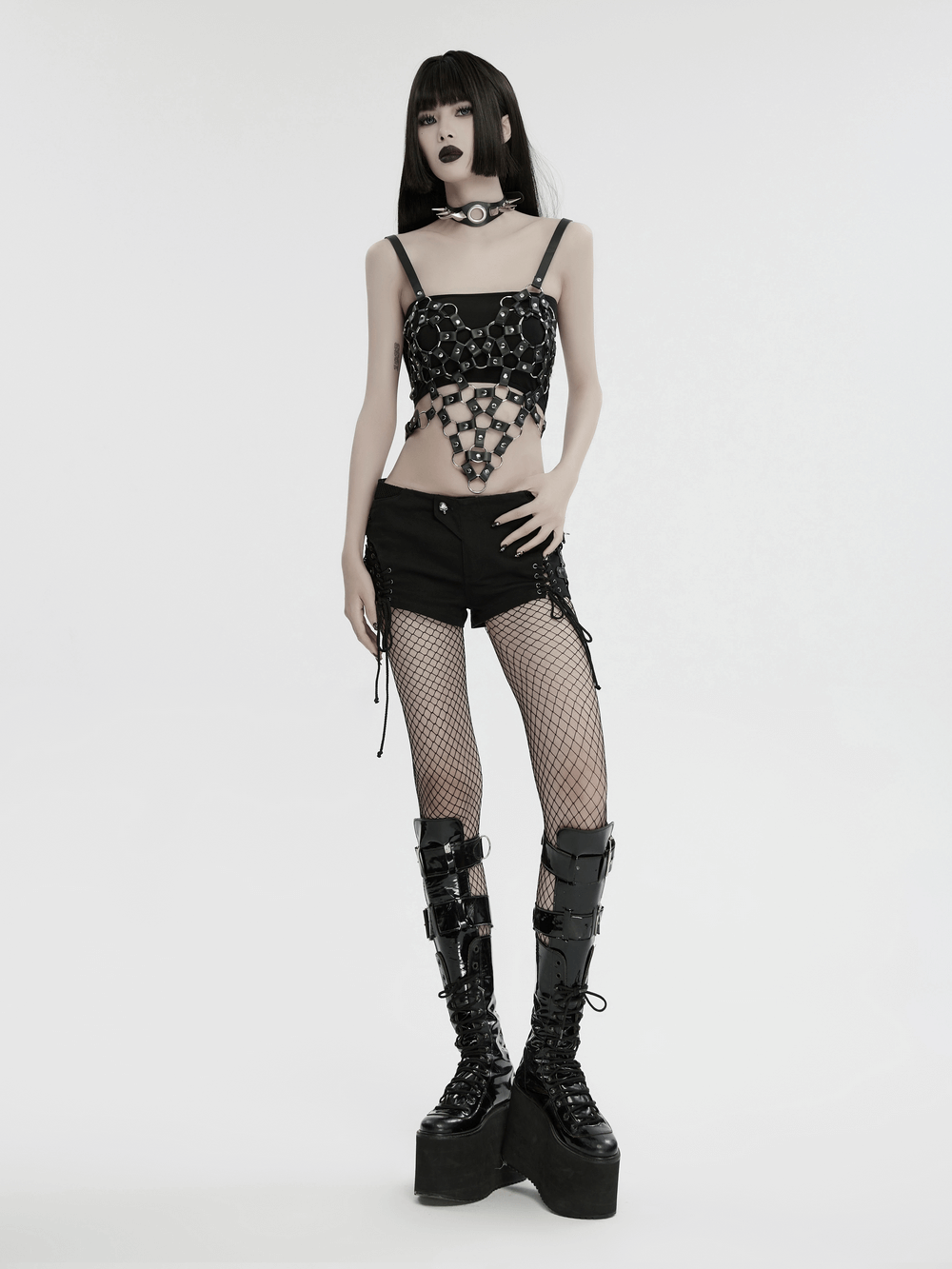 Punk Hollow-Out Leather Crop Top with Strap Detailing