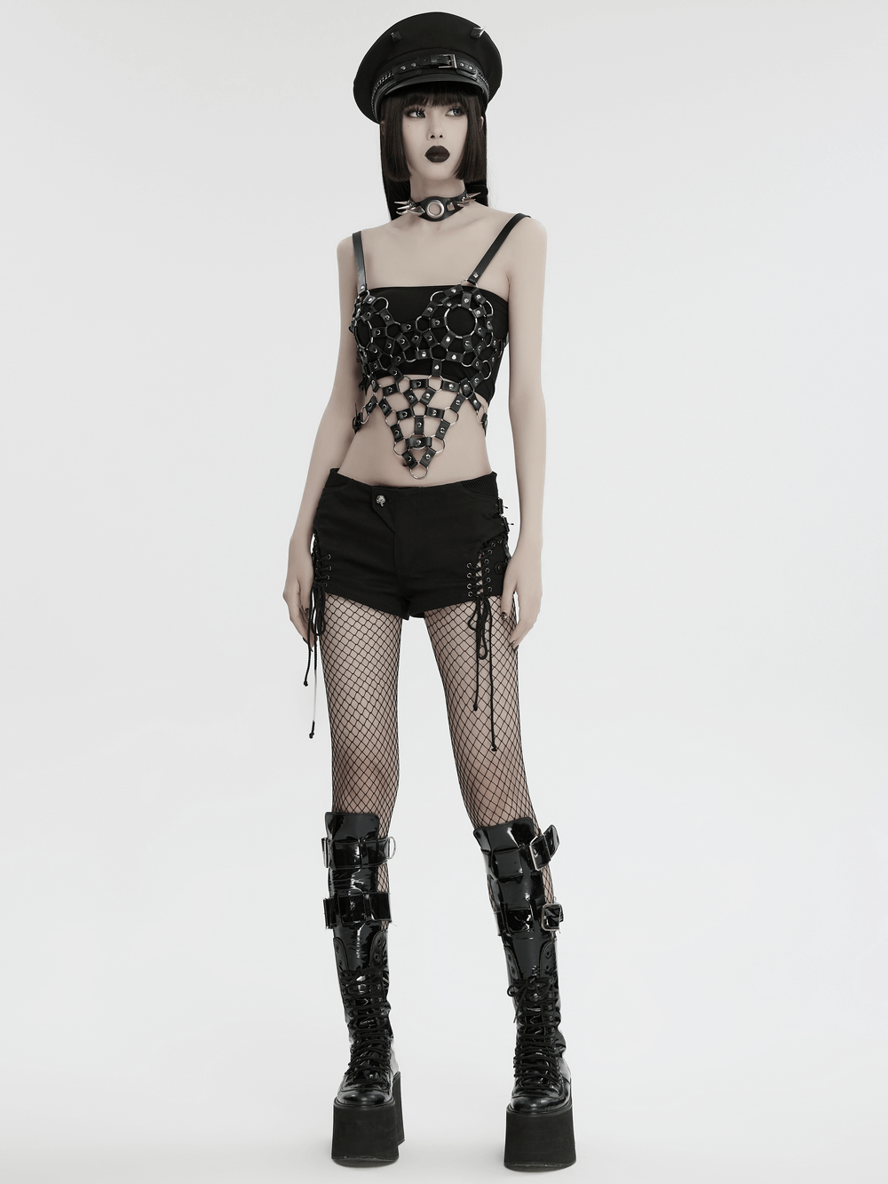 Punk Hollow-Out Leather Crop Top with Strap Detailing