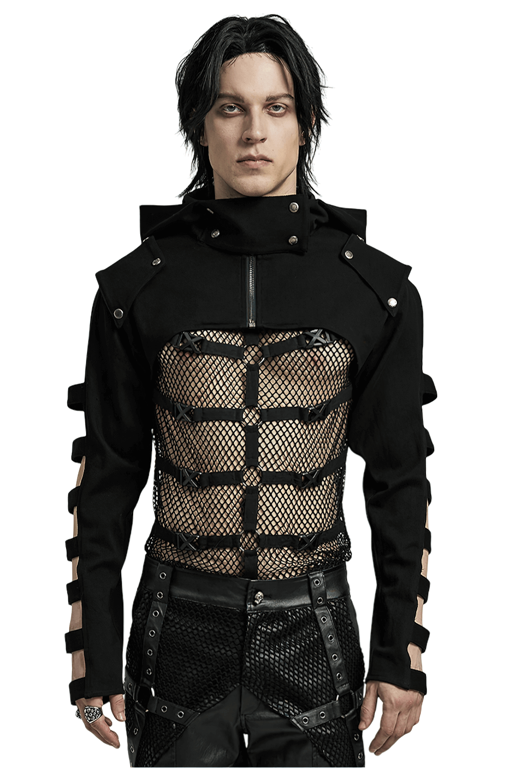 Punk-Inspired Black Short Jacket with Hollow Sleeves