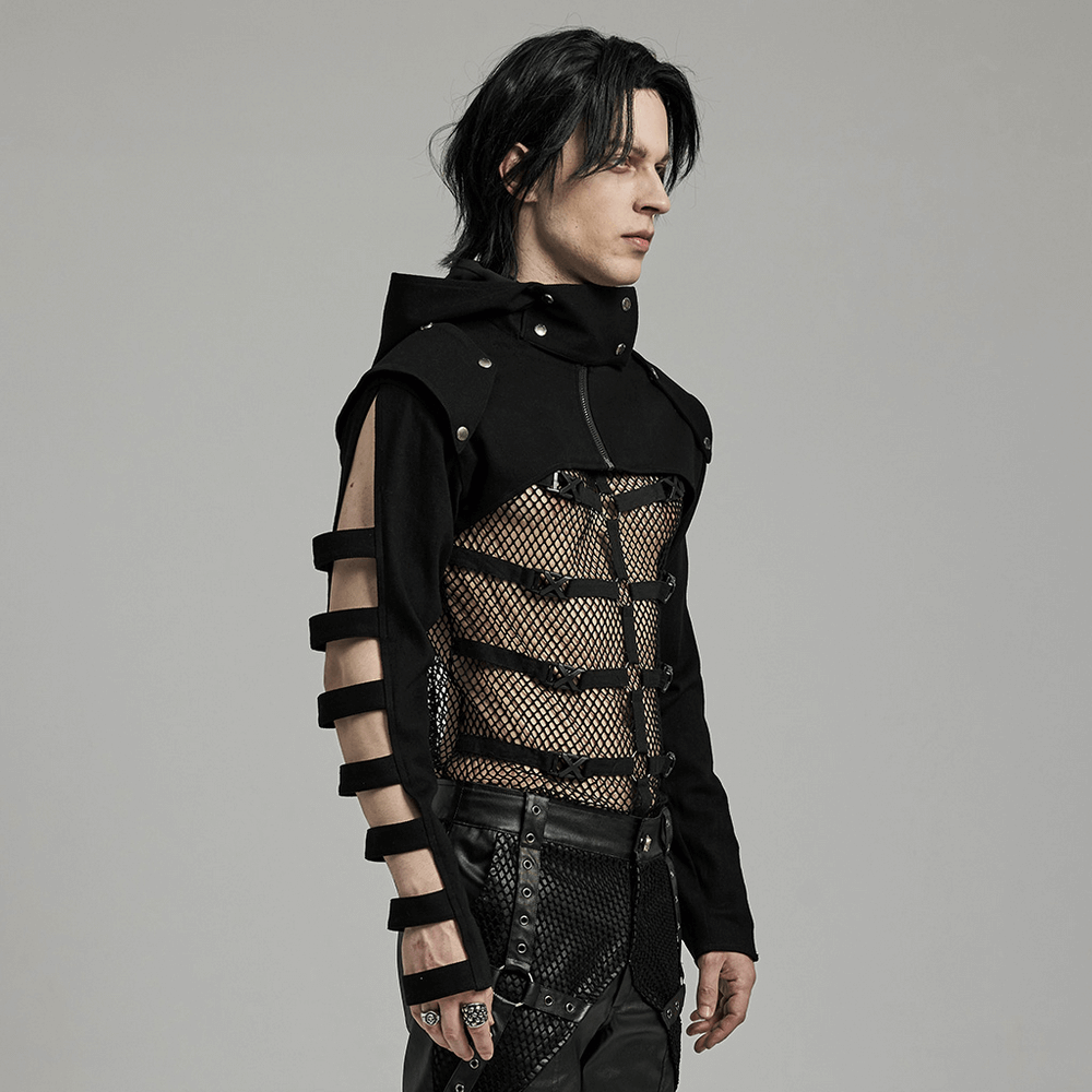 Punk-Inspired Black Short Jacket with Hollow Sleeves