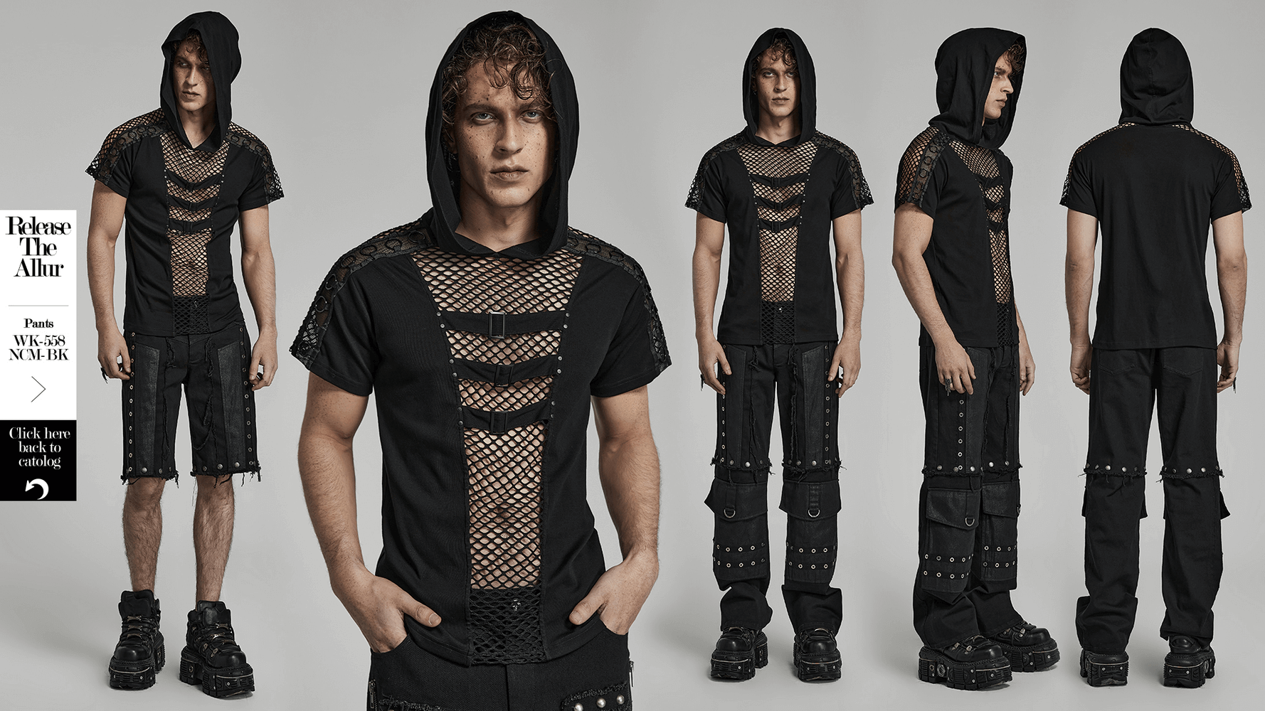 Punk-Inspired Men's Black Mesh Hoodie T-shirt