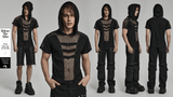 Punk-Inspired Men's Black Mesh Hoodie T-shirt