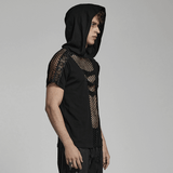 Punk-Inspired Men's Black Mesh Hoodie T-shirt