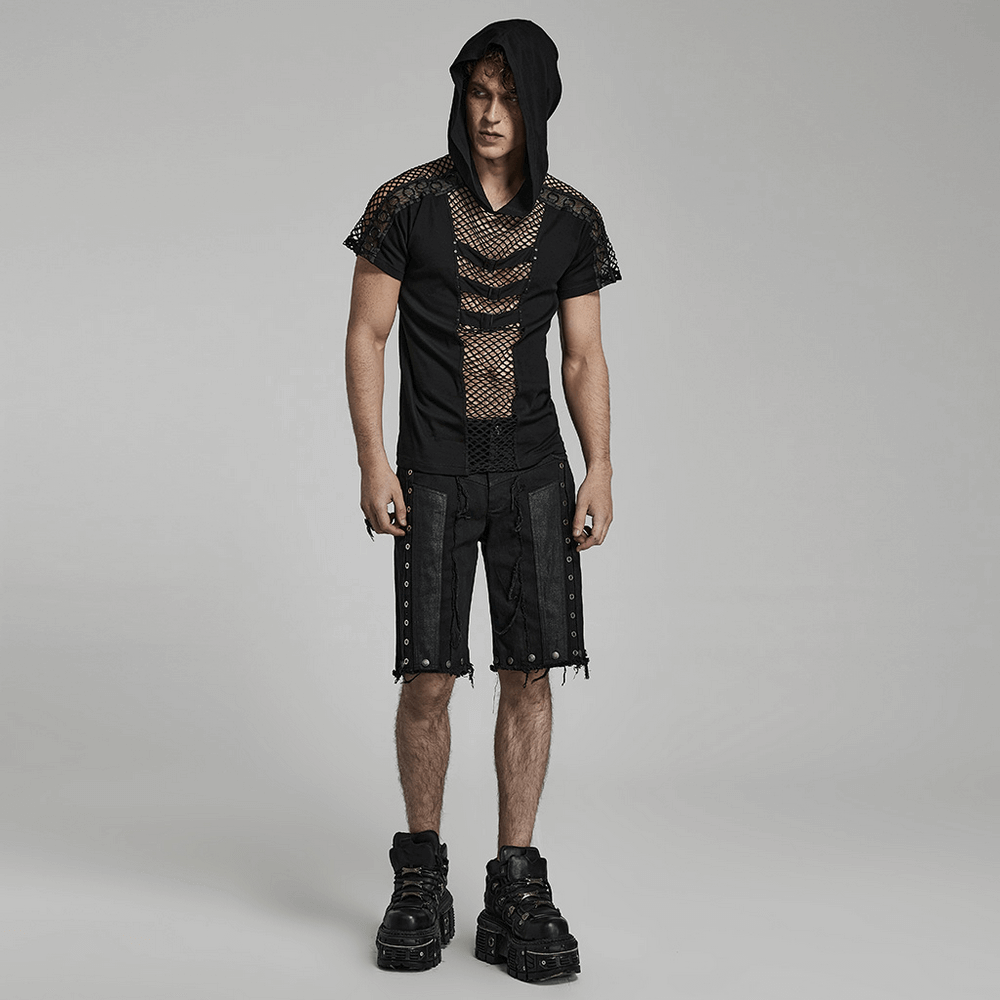 Punk-Inspired Men's Black Mesh Hoodie T-shirt