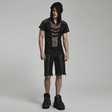 Punk-Inspired Men's Black Mesh Hoodie T-shirt