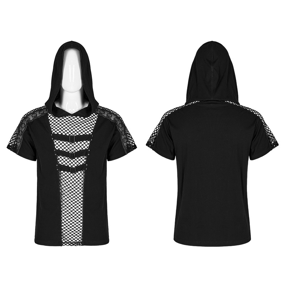 Punk-Inspired Men's Black Mesh Hoodie T-shirt