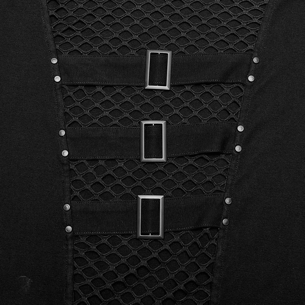 Punk-Inspired Men's Black Mesh Hoodie T-shirt