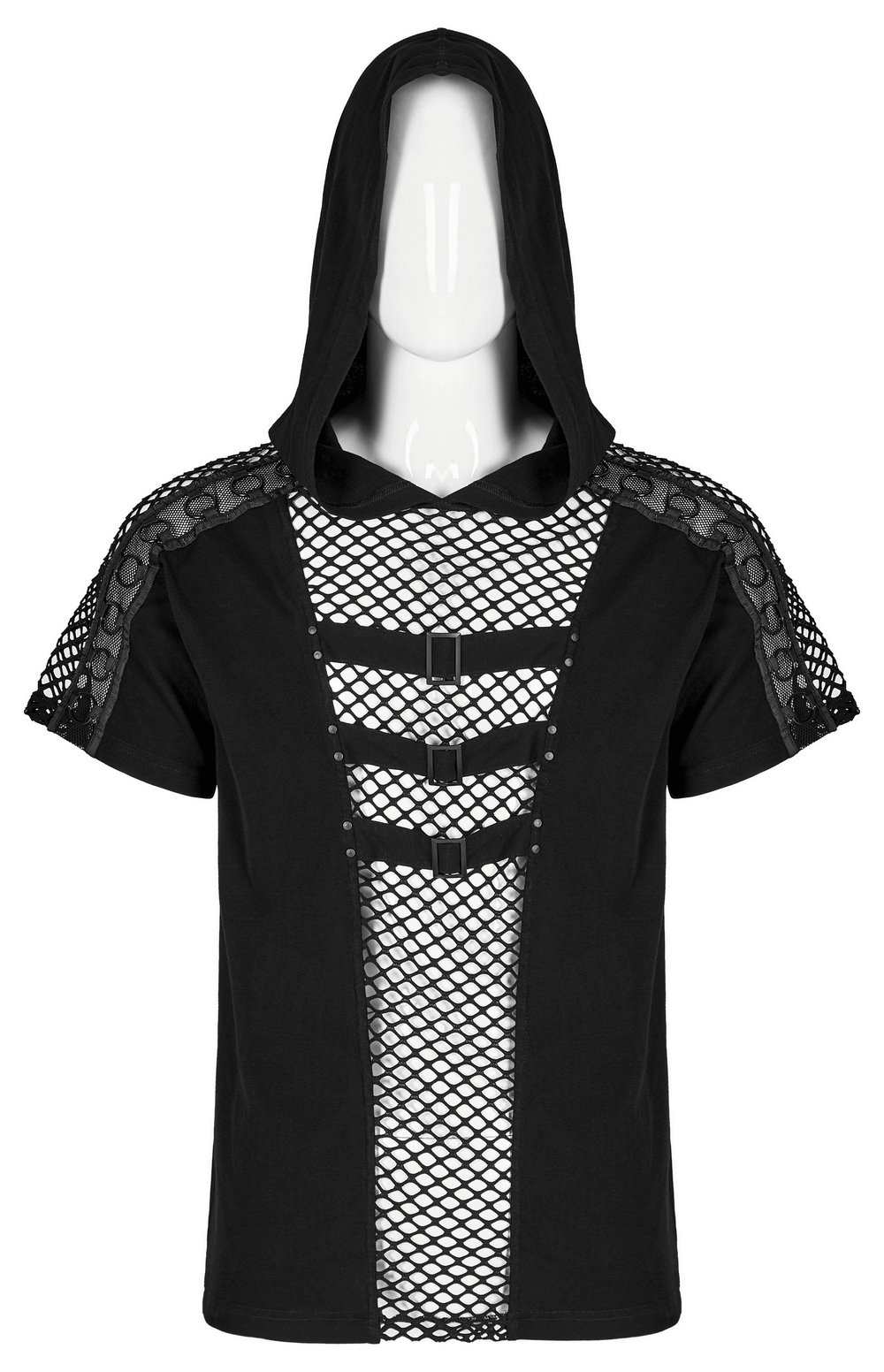 Punk-Inspired Men's Black Mesh Hoodie T-shirt