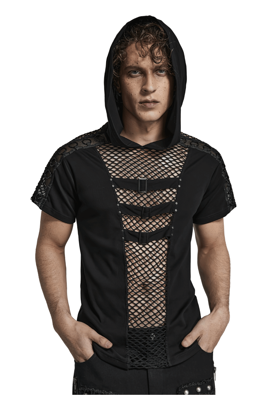 Punk-Inspired Men's Black Mesh Hoodie T-shirt