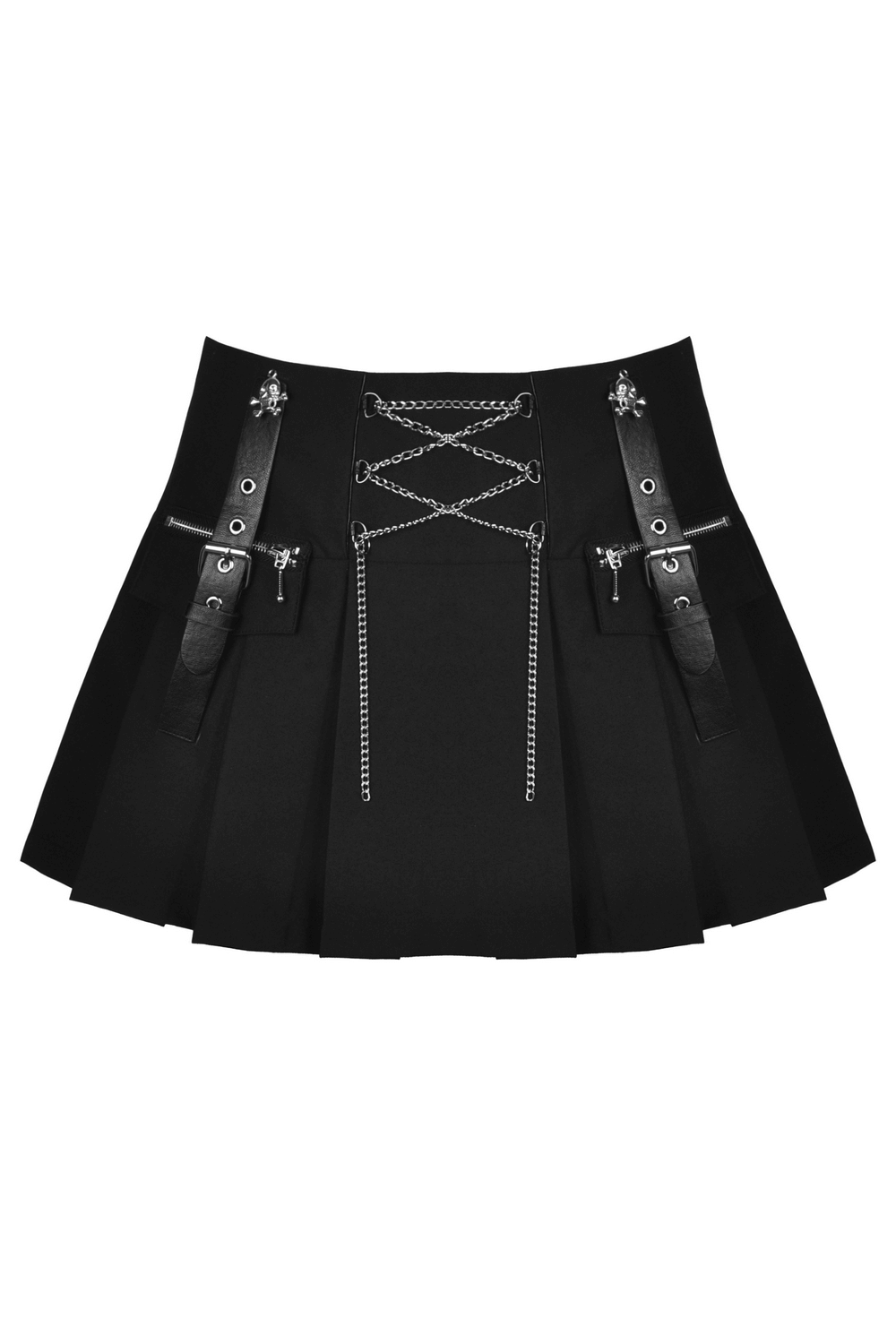 Punk-Inspired Pleated Mini Skirt with Chains and Straps