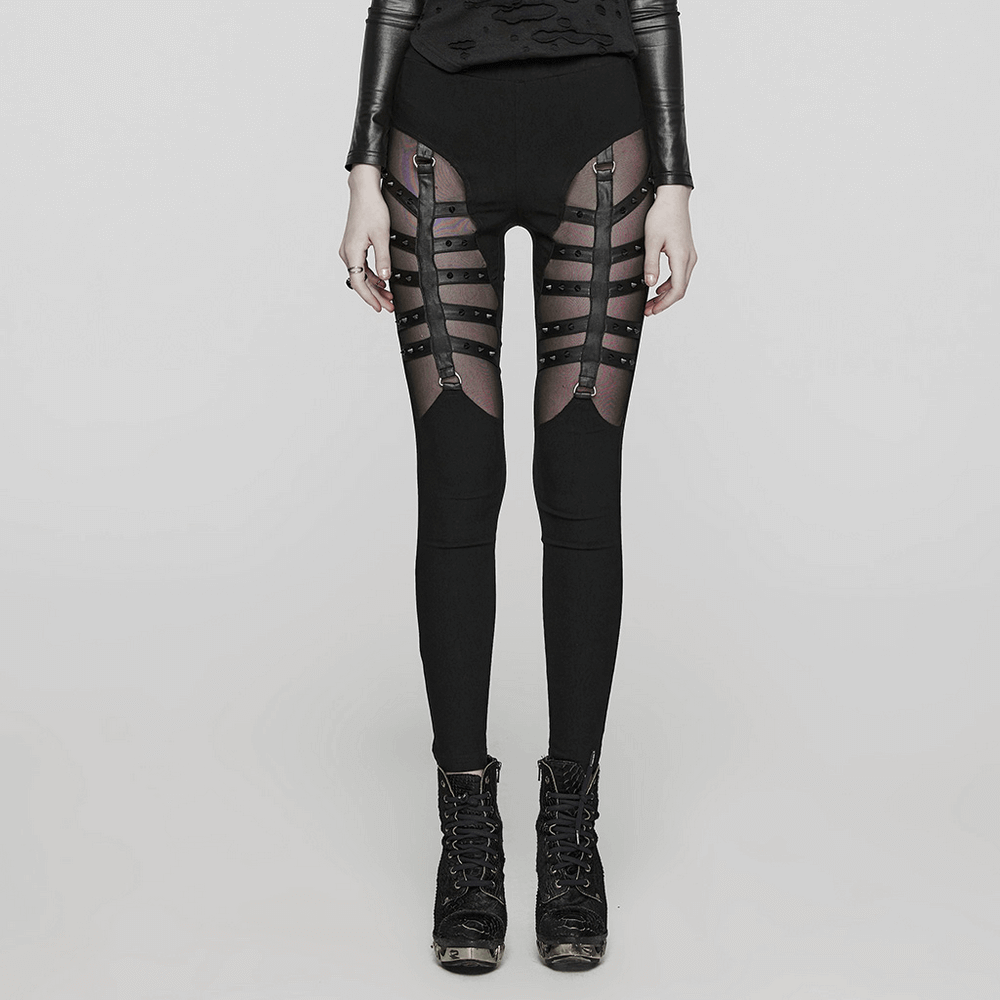 Punk-inspired Studded Black Mesh Panel Leggings