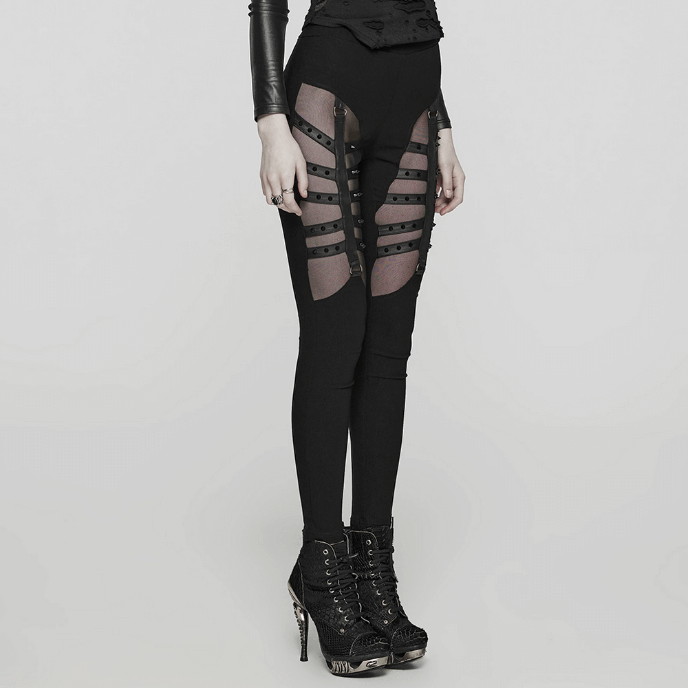 Punk-inspired Studded Black Mesh Panel Leggings
