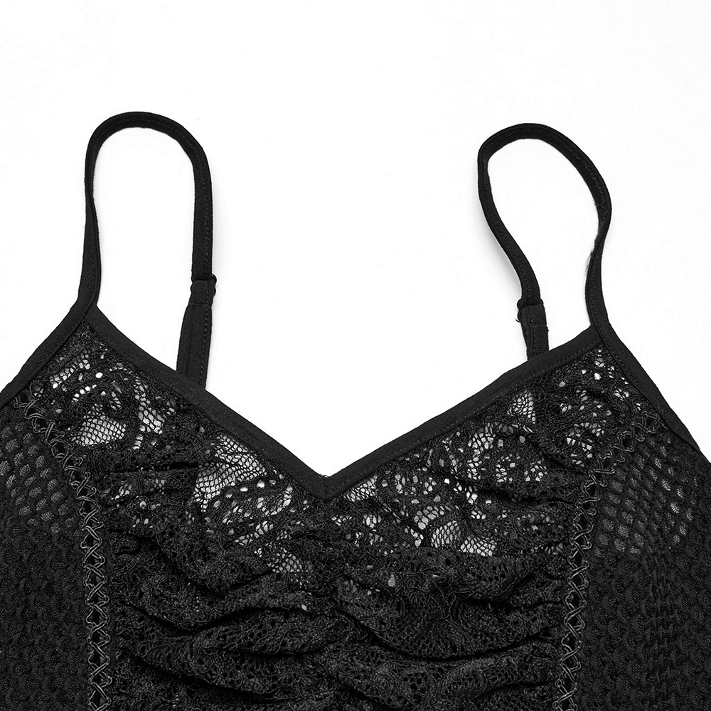 Punk Lace-Up Camisole Top with Fishnet Mesh Design