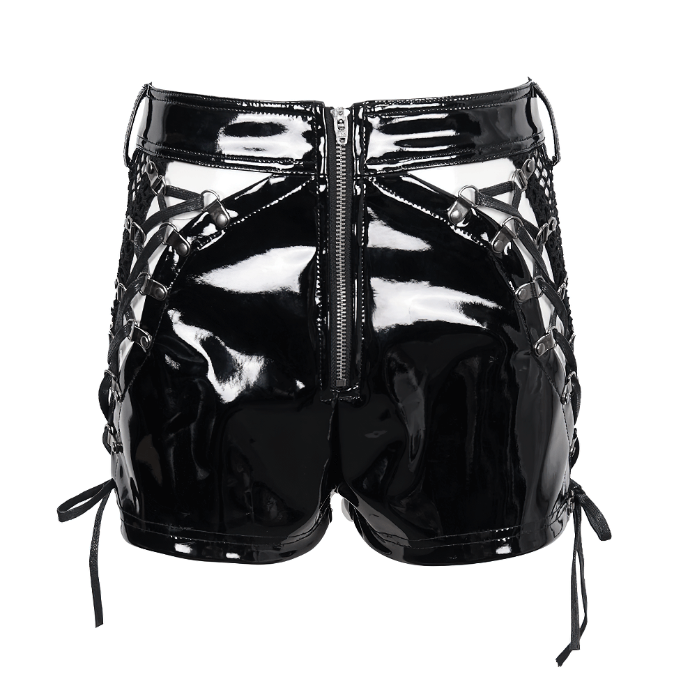 Punk Lace-Up Patent Leather Shorts: Edgy Zipper Attire