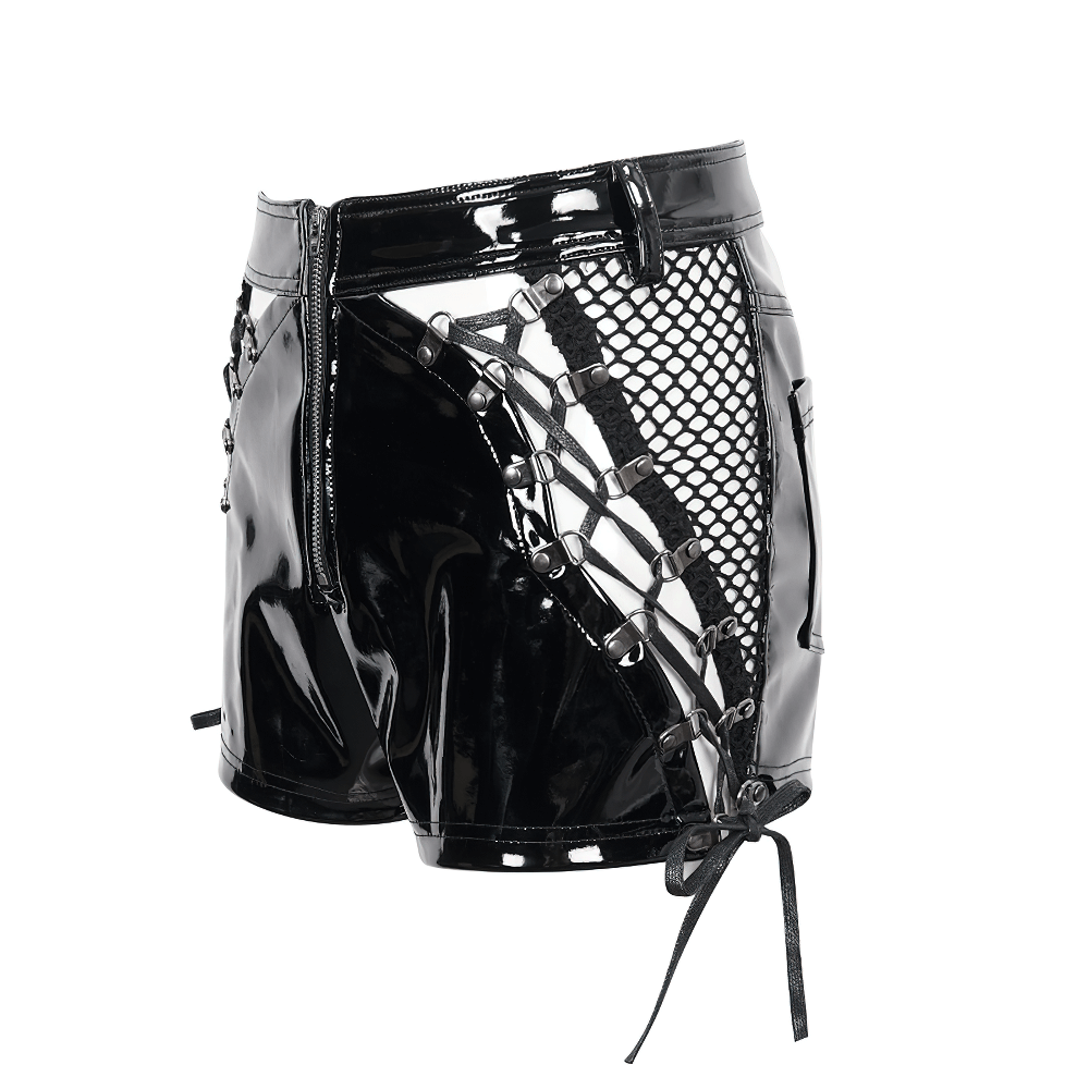 Punk Lace-Up Patent Leather Shorts: Edgy Zipper Attire