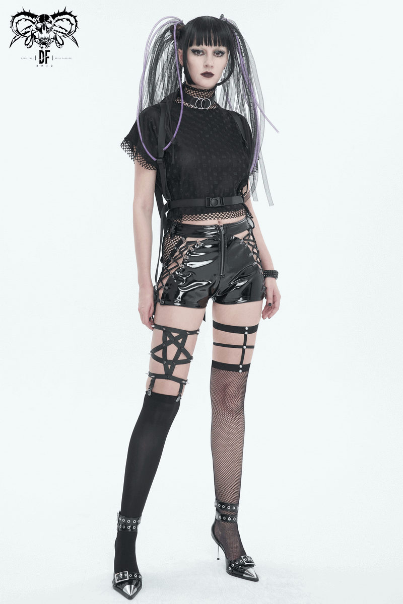 Punk Lace-Up Patent Leather Shorts: Edgy Zipper Attire
