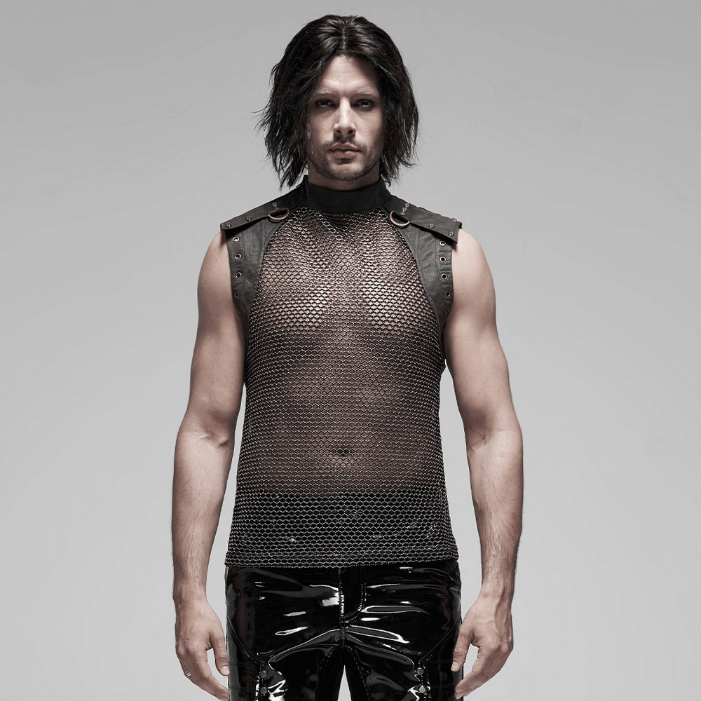 Punk Mesh Vest for Men with Shoulder Zipper Closure