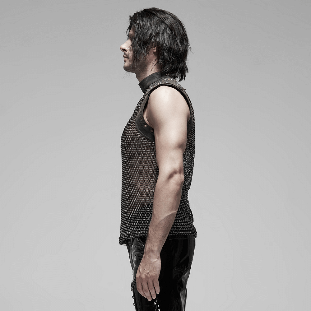 Punk Mesh Vest for Men with Shoulder Zipper Closure