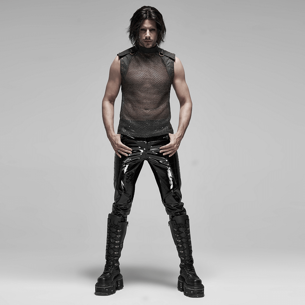 Punk Mesh Vest for Men with Shoulder Zipper Closure