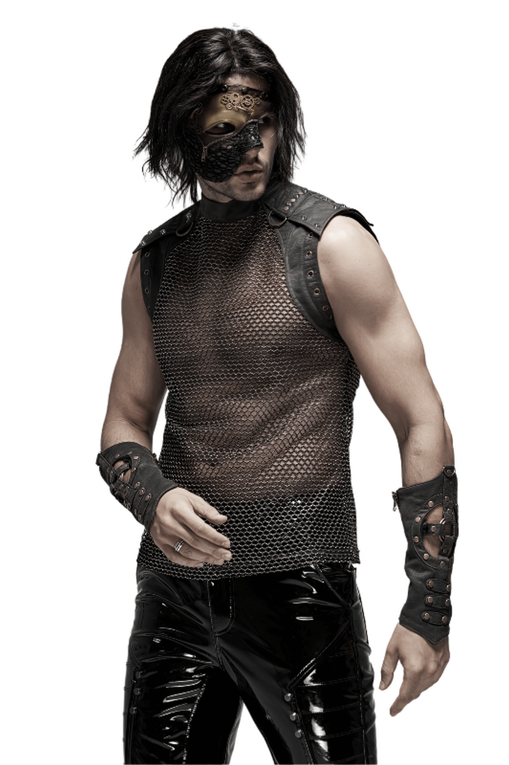 Punk Mesh Vest for Men with Shoulder Zipper Closure