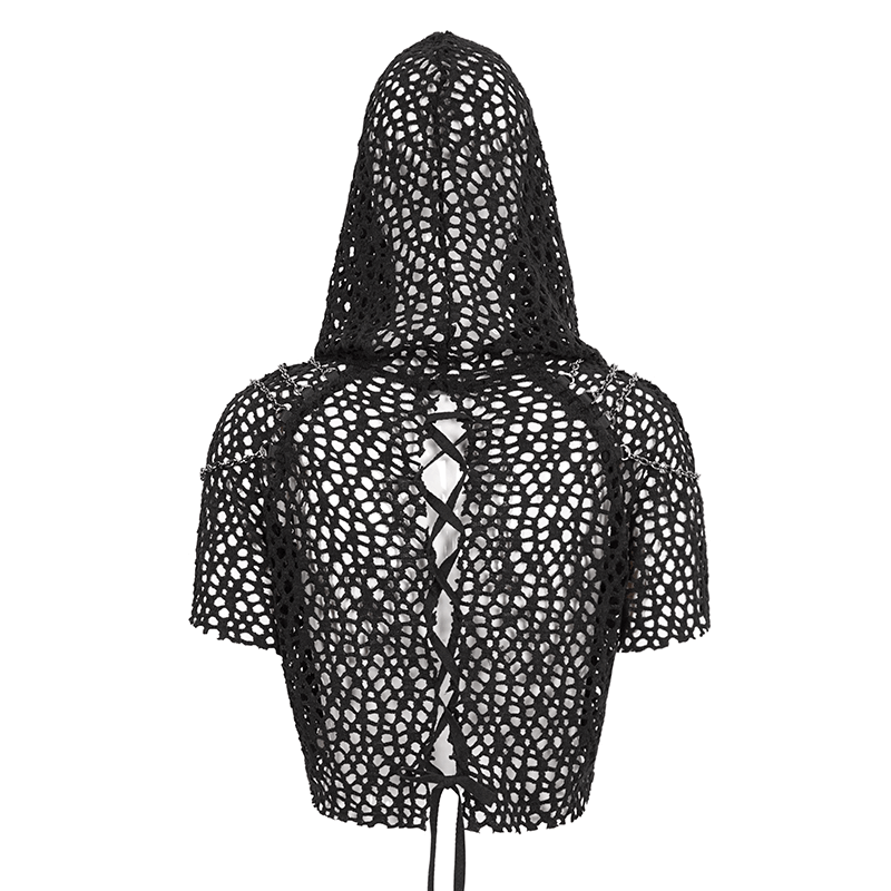 Punk Style Mesh Hooded Top / Black Top with Strappy Back