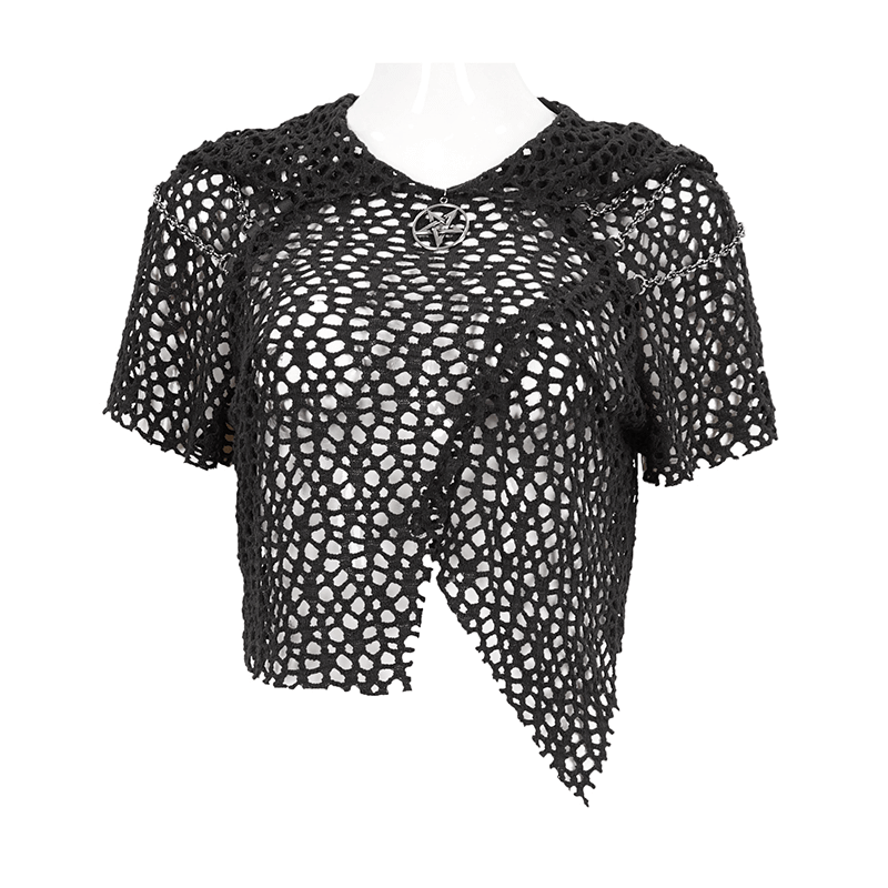 Punk Style Mesh Hooded Top / Black Top with Strappy Back