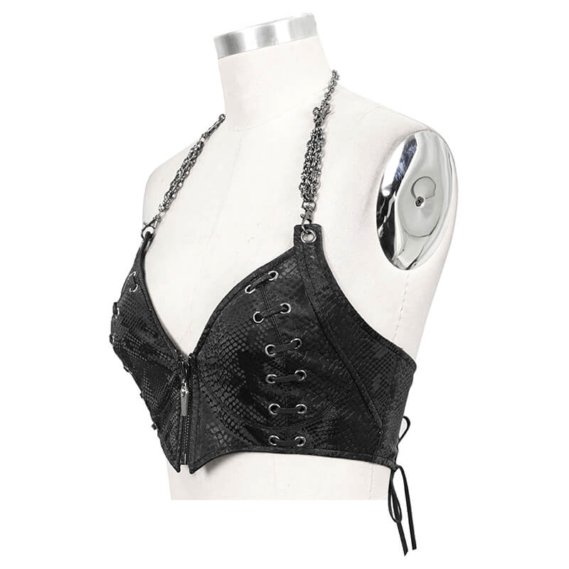 Punk-Style Women's Leather Bra with Chain And Rivets