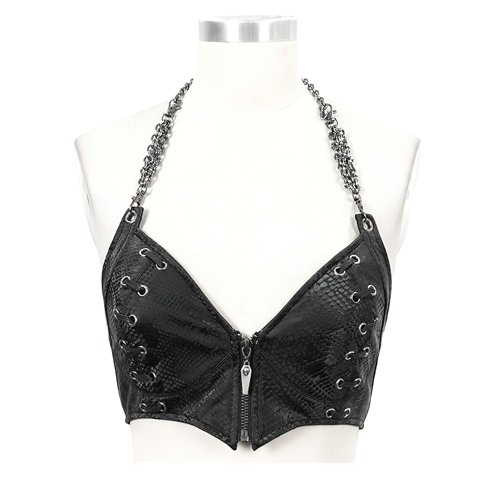 Punk-Style Women's Leather Bra with Chain And Rivets