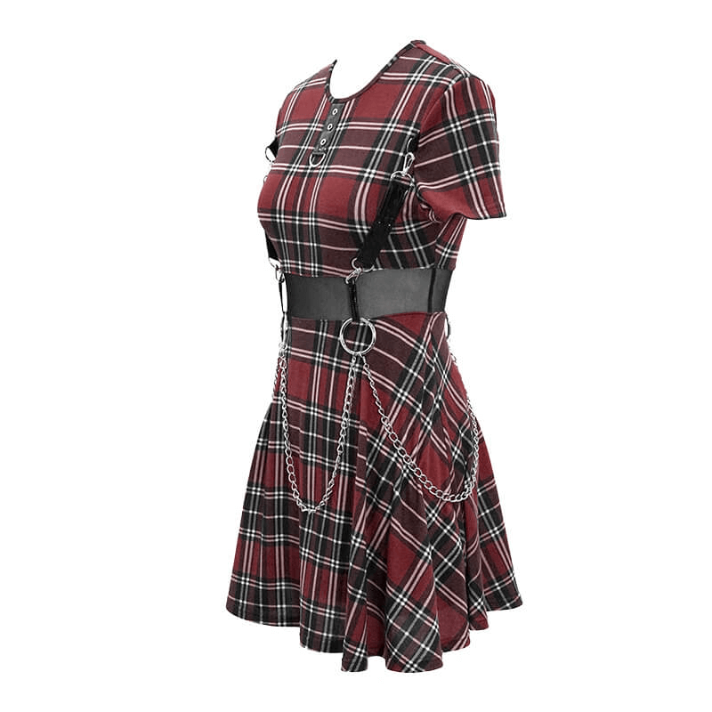 Punk-Styled Red Plaid Short Dress for Fashion Flair