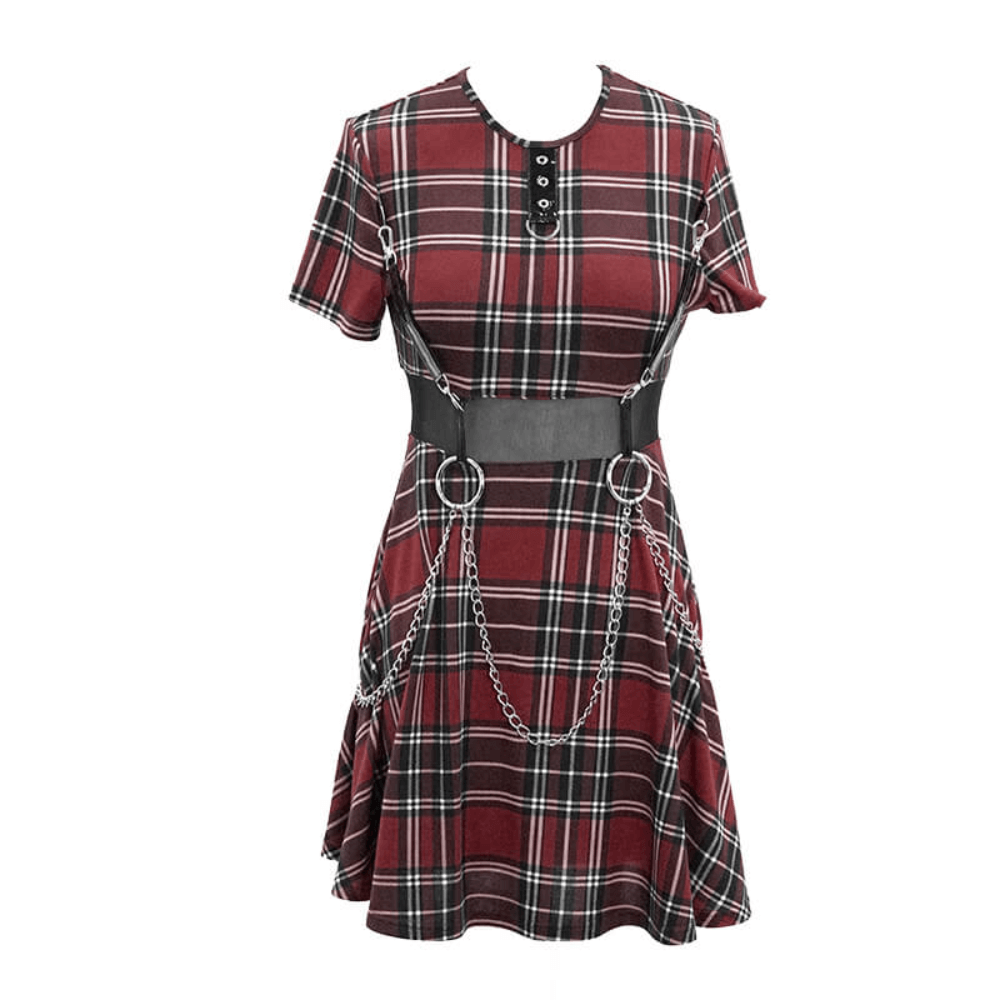 Punk-Styled Red Plaid Short Dress for Fashion Flair