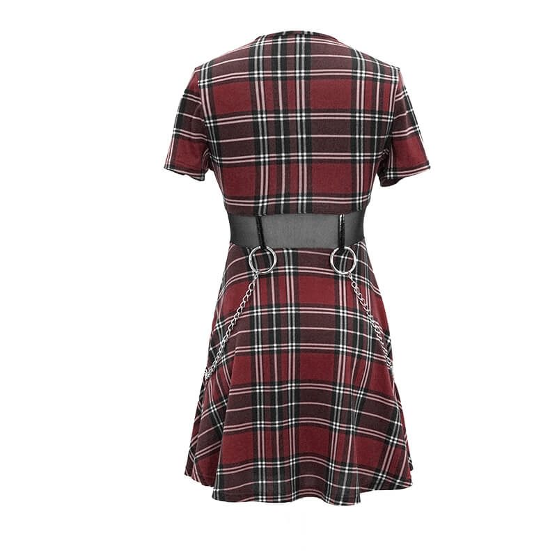 Punk-Styled Red Plaid Short Dress for Fashion Flair