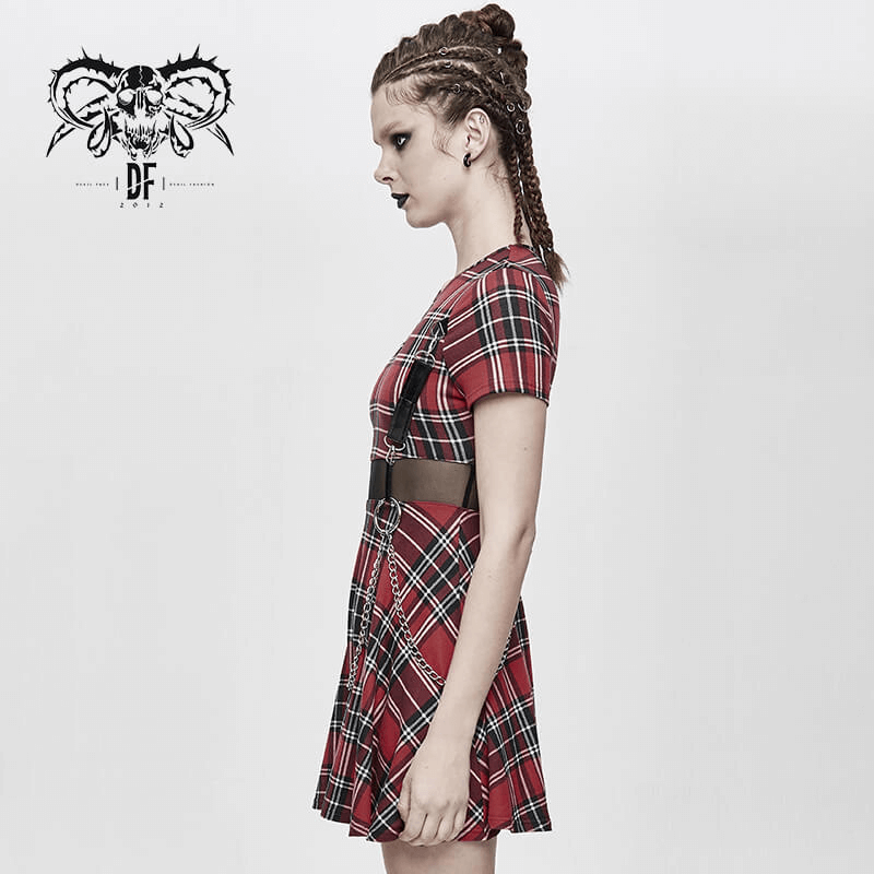 Punk-Styled Red Plaid Short Dress for Fashion Flair