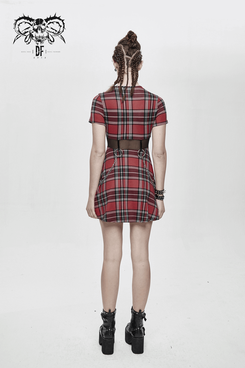 Punk-Styled Red Plaid Short Dress for Fashion Flair