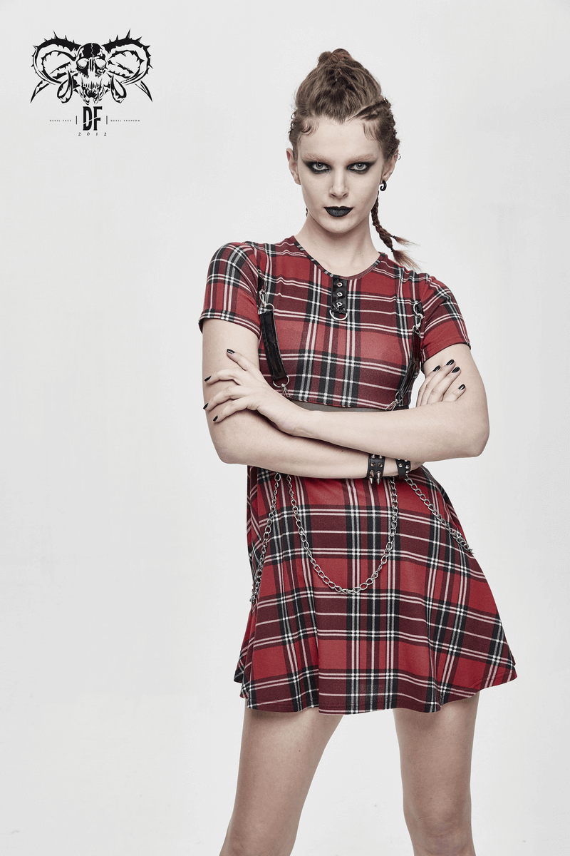 Punk-Styled Red Plaid Short Dress for Fashion Flair