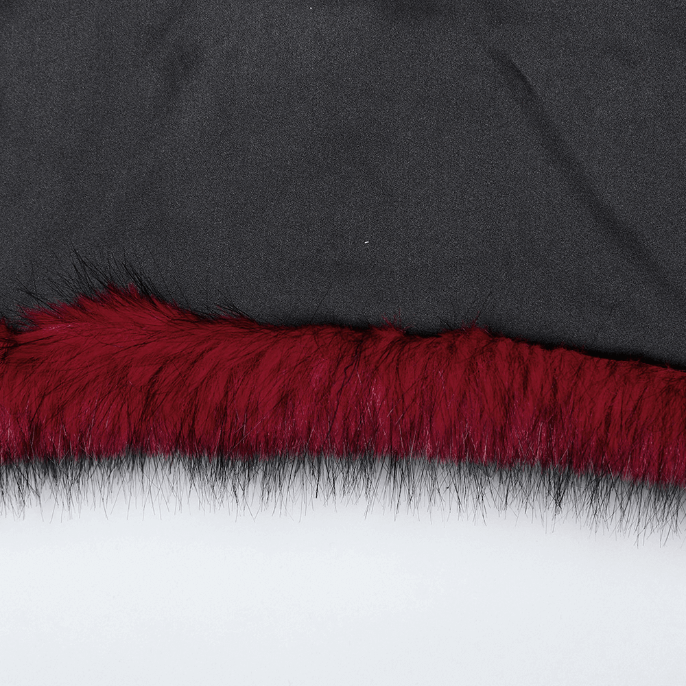 Punk Wine Red Faux Fur Short Jacket with Patent Accents