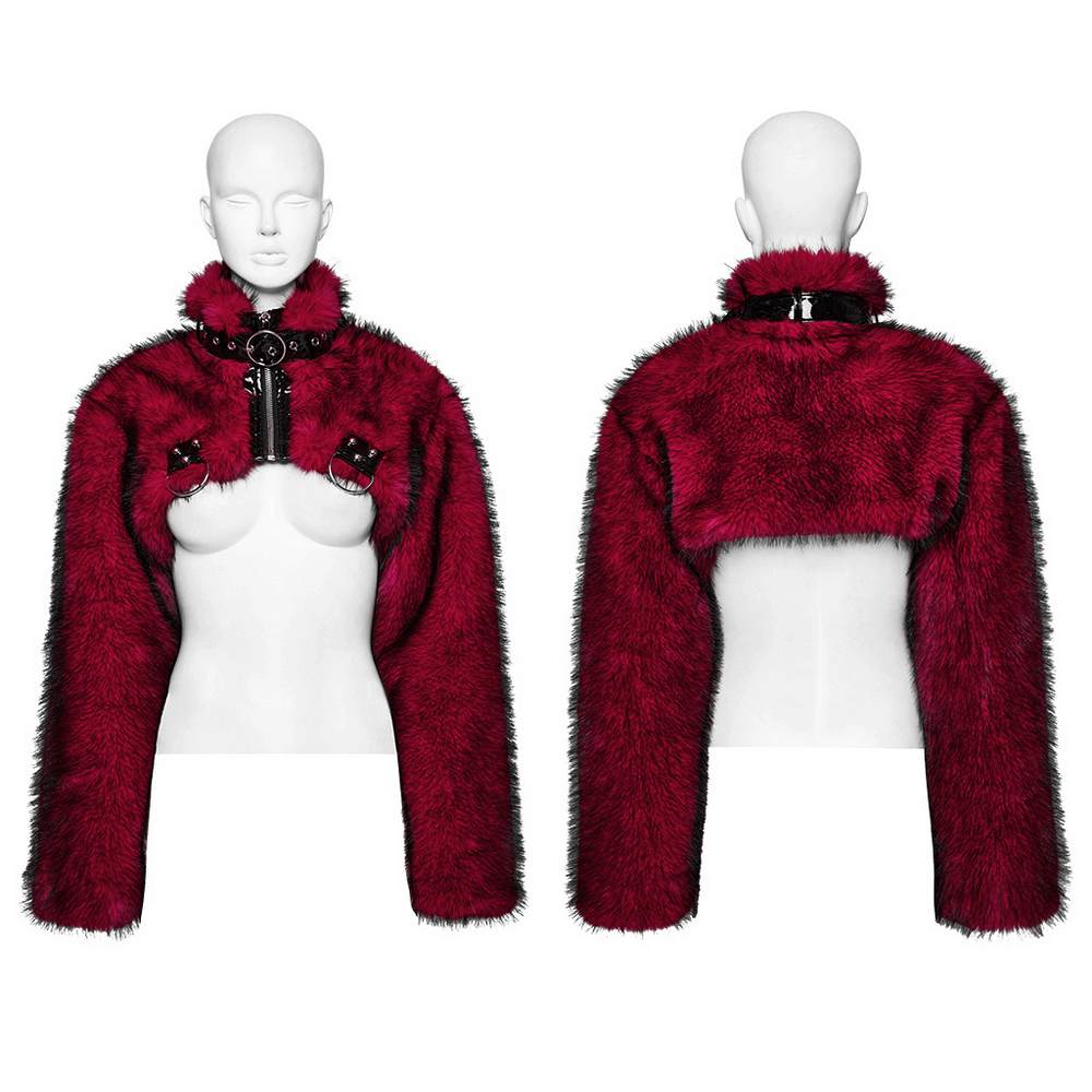 Punk Wine Red Faux Fur Short Jacket with Patent Accents