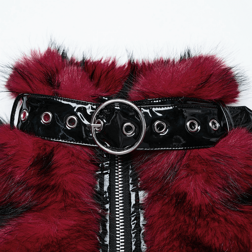Punk Wine Red Faux Fur Short Jacket with Patent Accents
